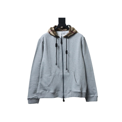 Burberry Plaid Panel Zip-Up Hooded Jacket Grey 01