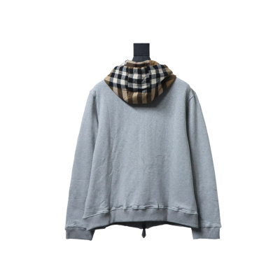 Burberry Plaid Panel Zip-Up Hooded Jacket Grey 02
