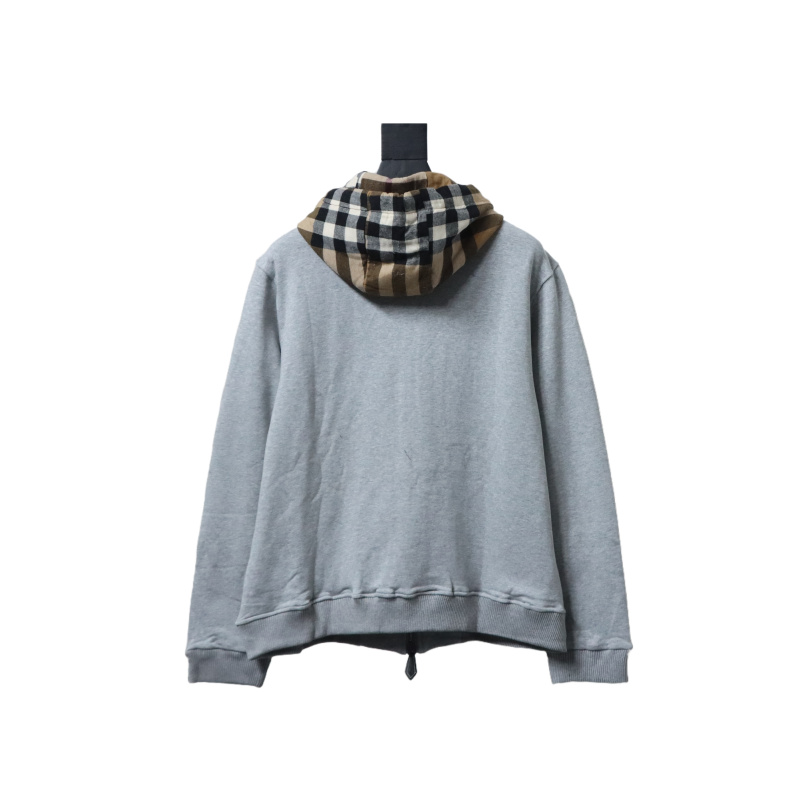 Burberry Plaid Panel Zip-Up Hooded Jacket Grey