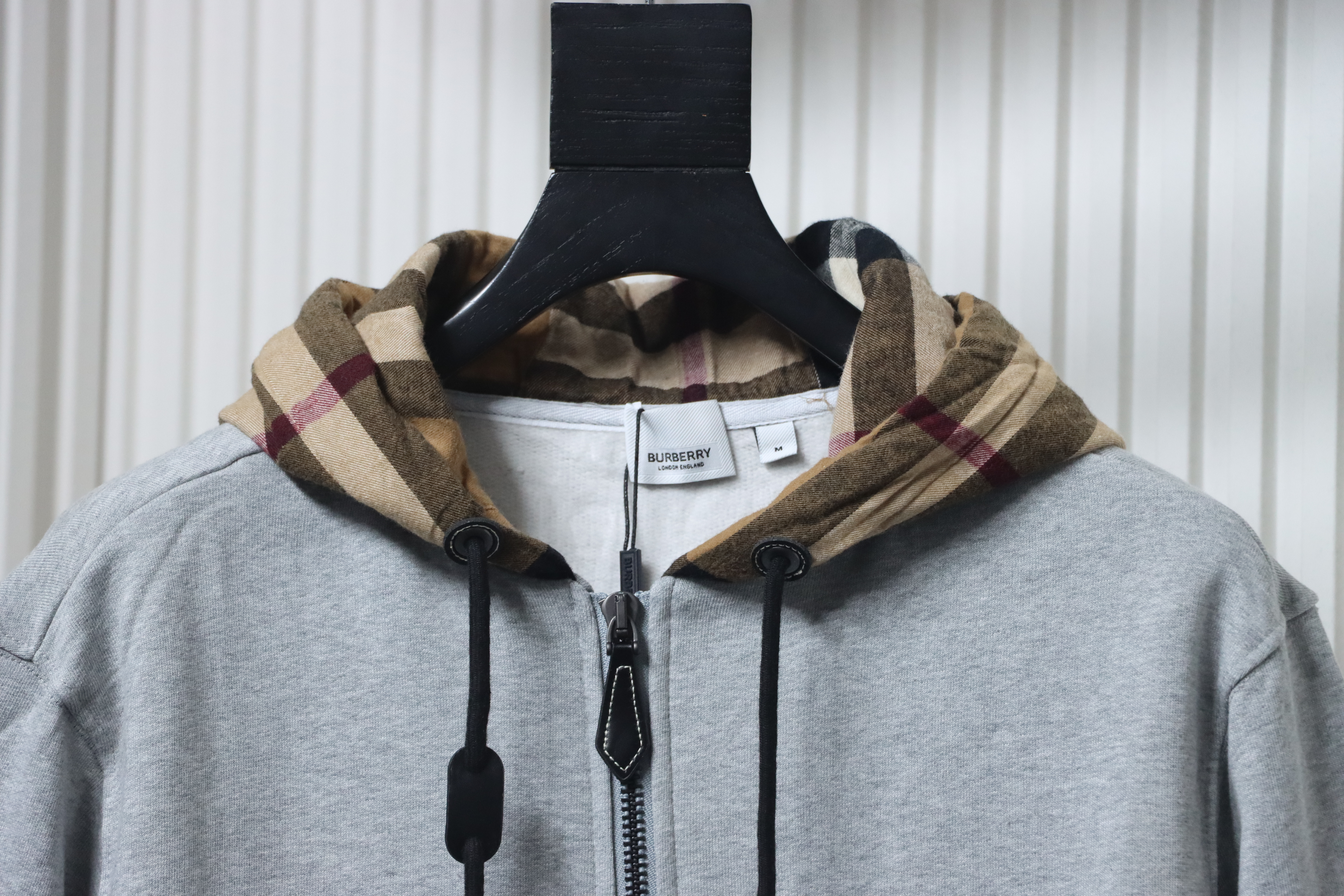 Burberry Plaid Panel Zip-Up Hooded Jacket Grey