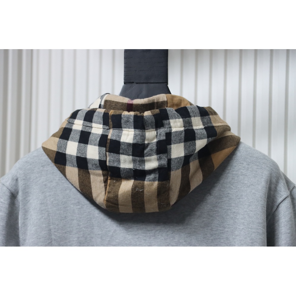 Burberry Plaid Panel Zip-Up Hooded Jacket Grey