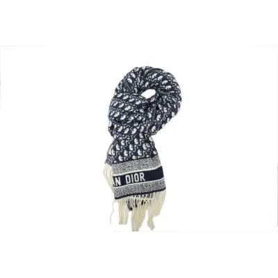  Dior Cashmere Oblique Logo Print Fringed Scarf Blue 01
