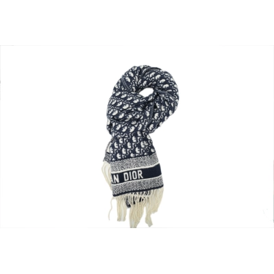 Dior Cashmere Oblique Logo Print Fringed Scarf Blue 01