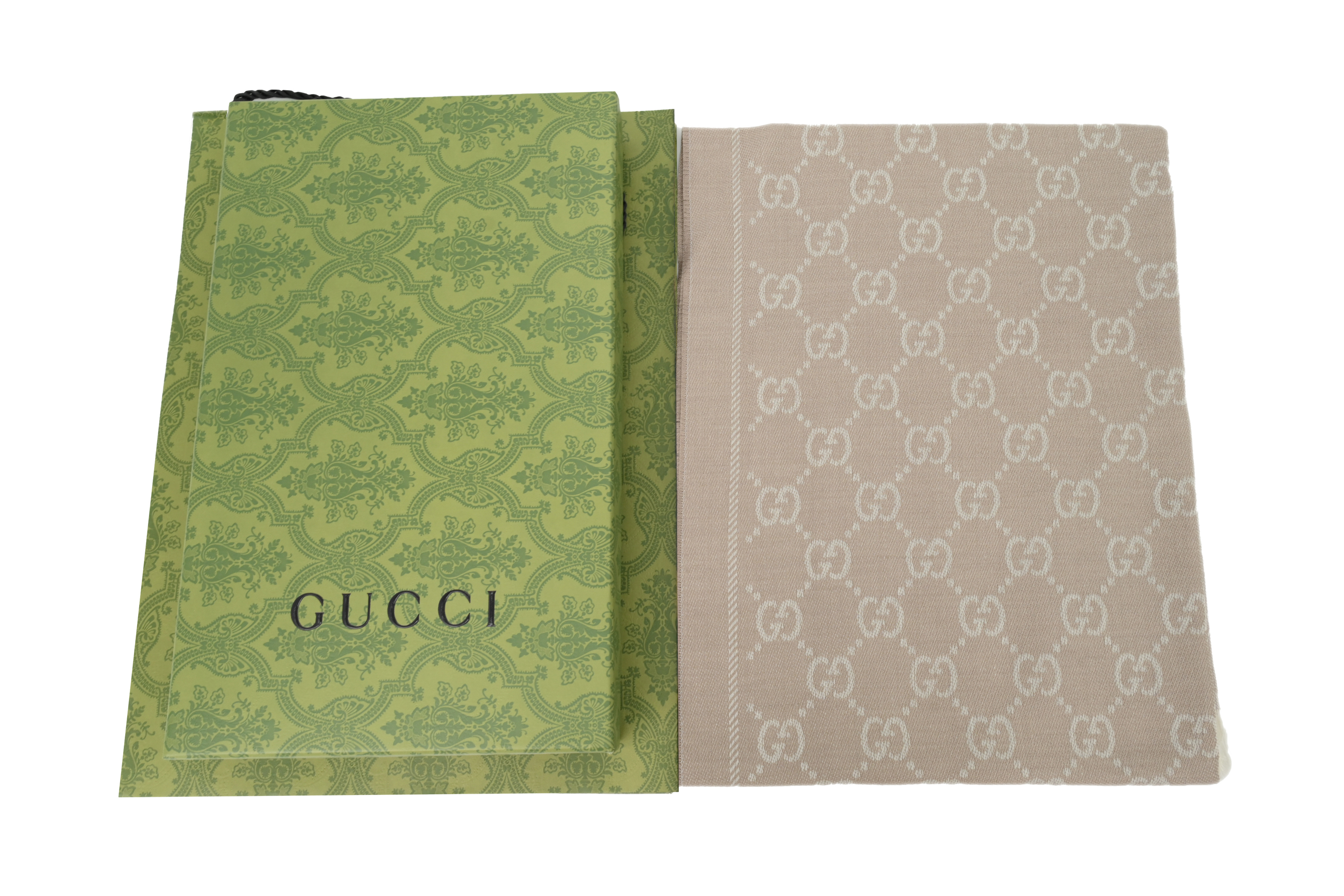 Gucci Double-Faced Jacquard Velvet Fringe All-Over Logo Print Scarf Khaki