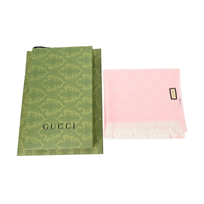 Gucci Double-Faced Jacquard Velvet Fringe All-Over Logo Print Scarf Pink 02