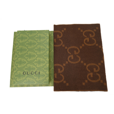 Gucci Double-G Jacquard Velvet Fringe Scarf Brown 02