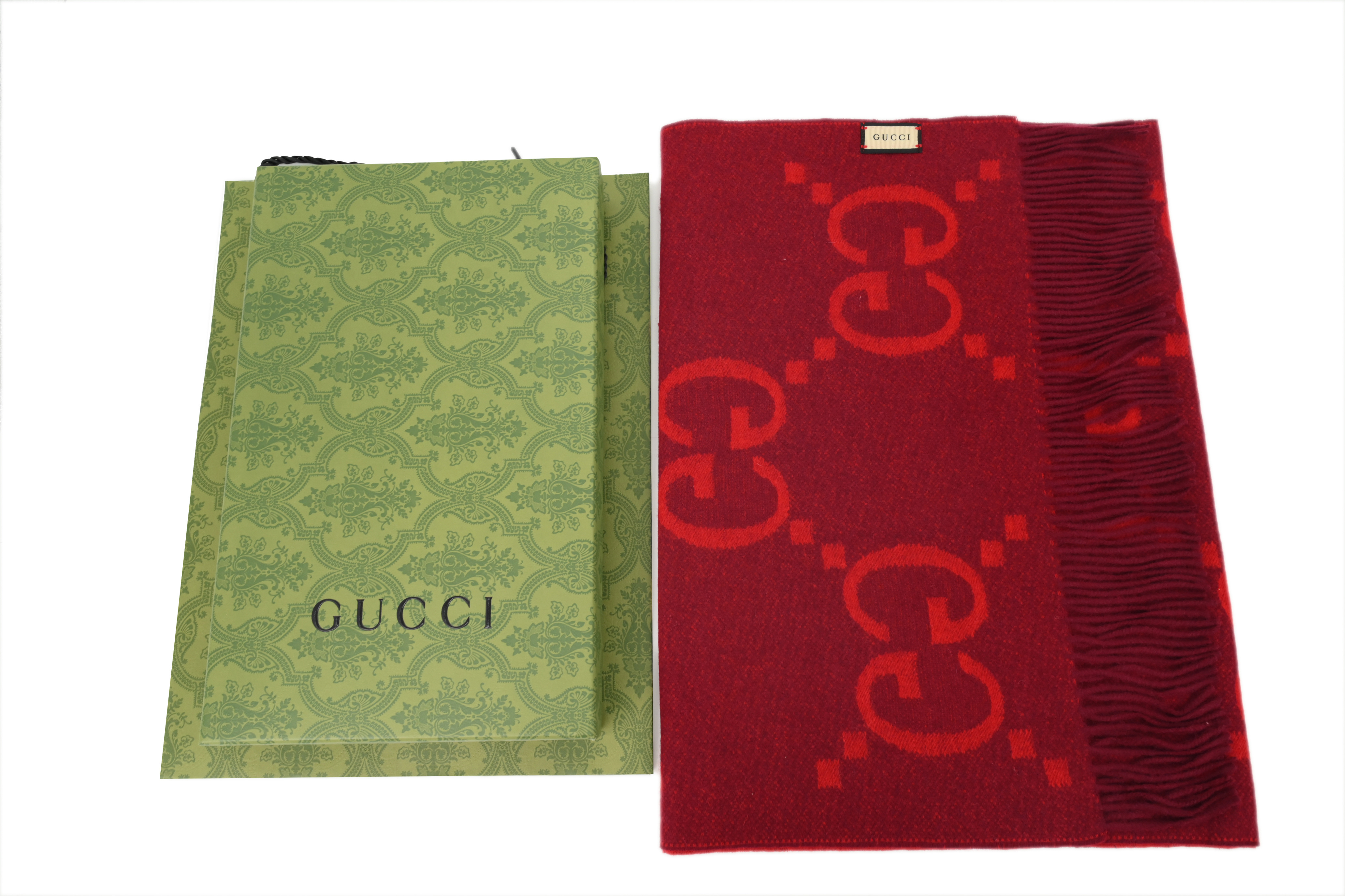 Gucci Double-G Jacquard Velvet Fringe Scarf Red