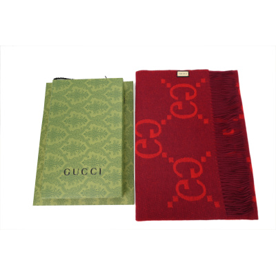 Gucci Double-G Jacquard Velvet Fringe Scarf Red 02