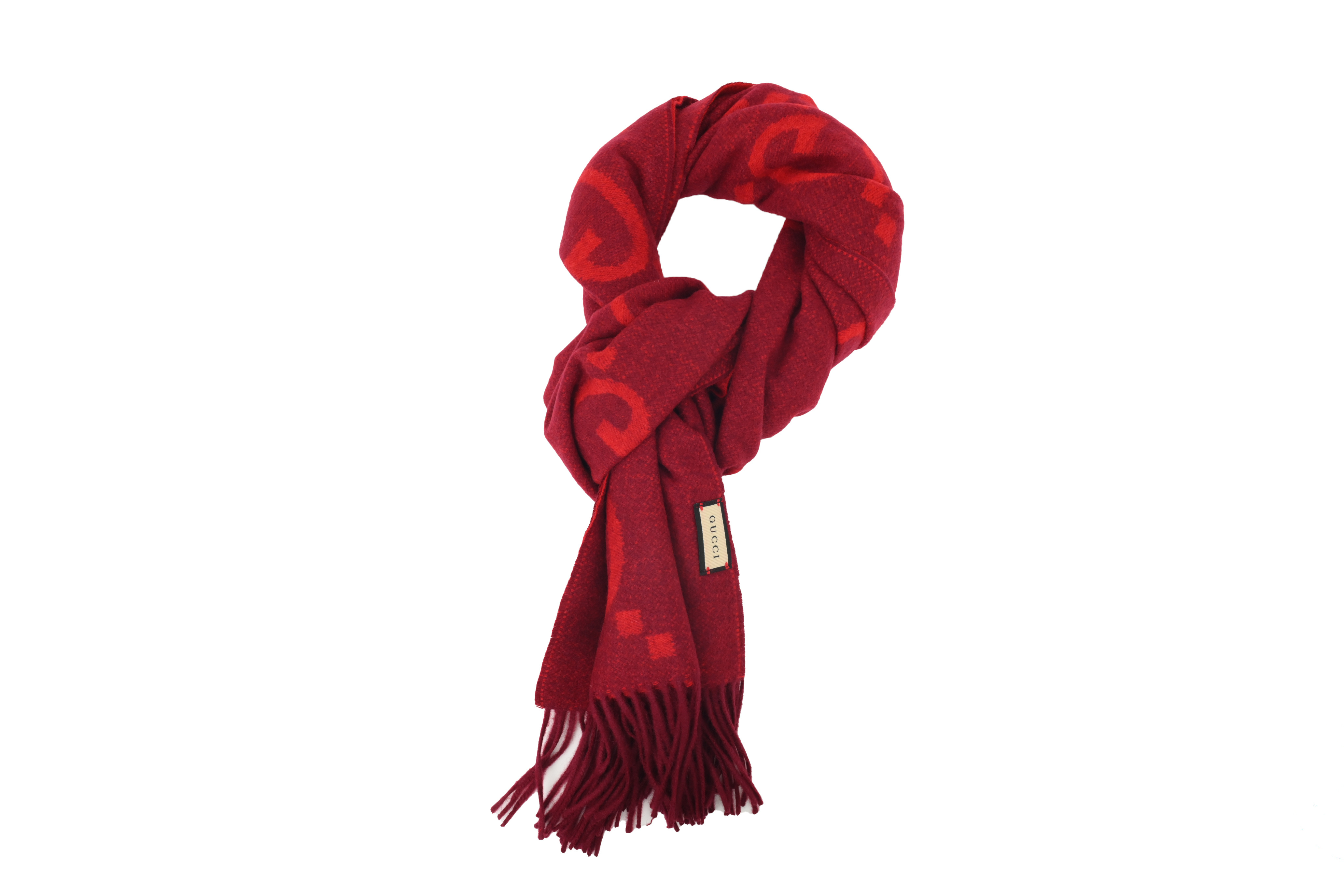 Gucci Double-G Jacquard Velvet Fringe Scarf Red