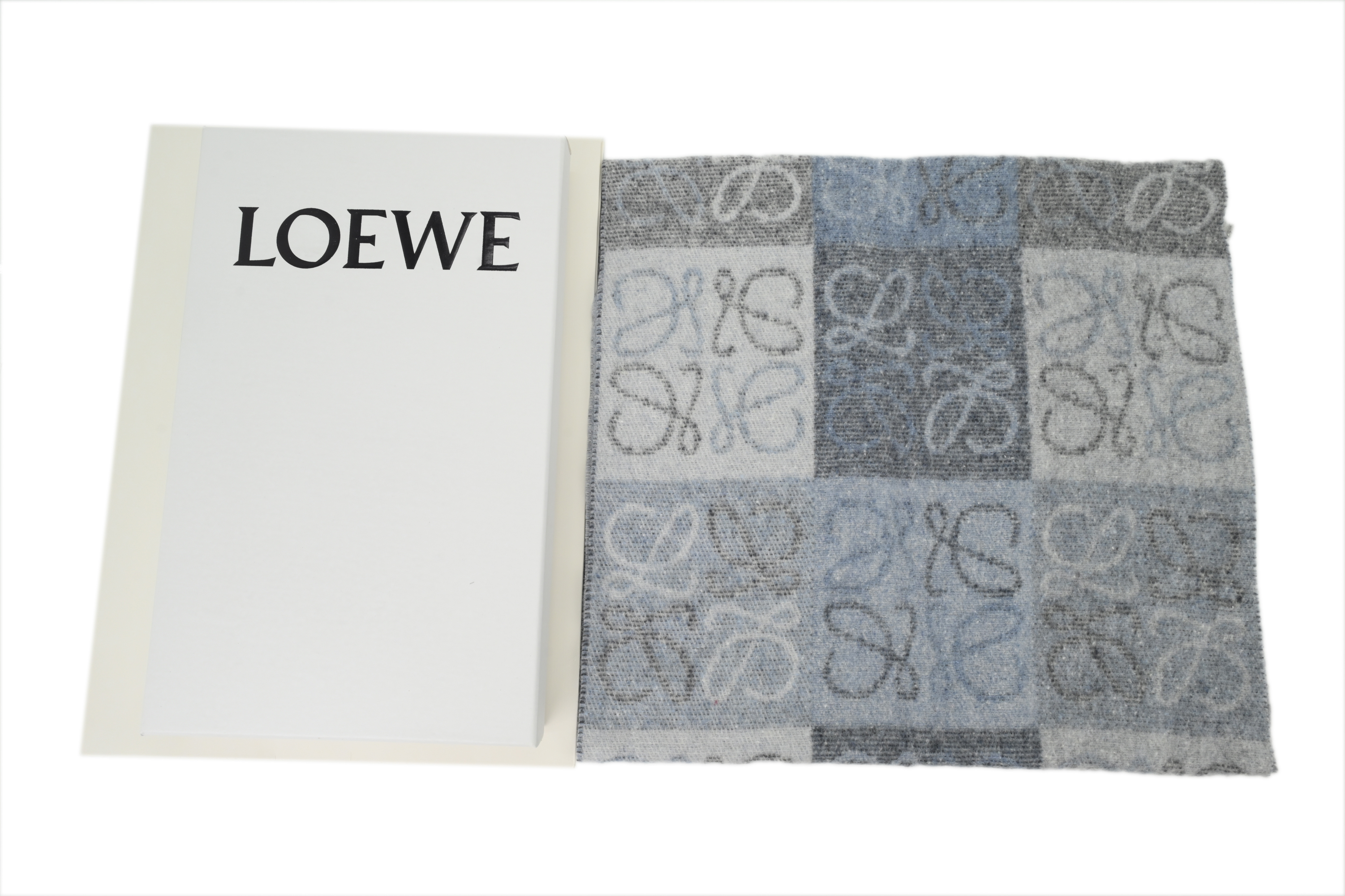 Loewe Checkerboard Jacquard Fringed Cashmere Scarf Blue