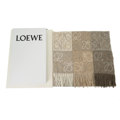 Loewe Checkerboard Jacquard Fringed Cashmere Scarf Brown 02