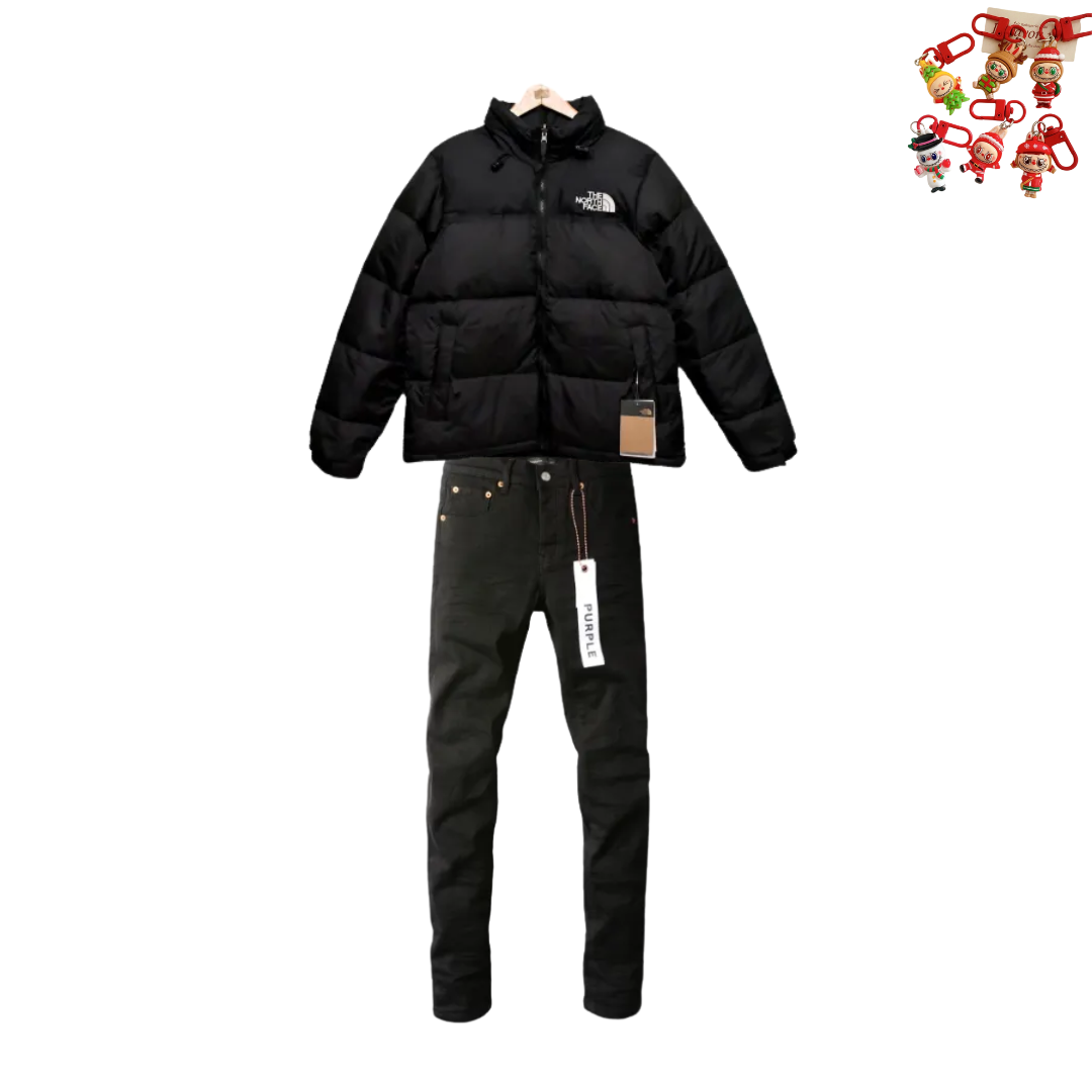 The North Face All Black Down Jacket + Purple Brand Fashion Jeans YZ072447