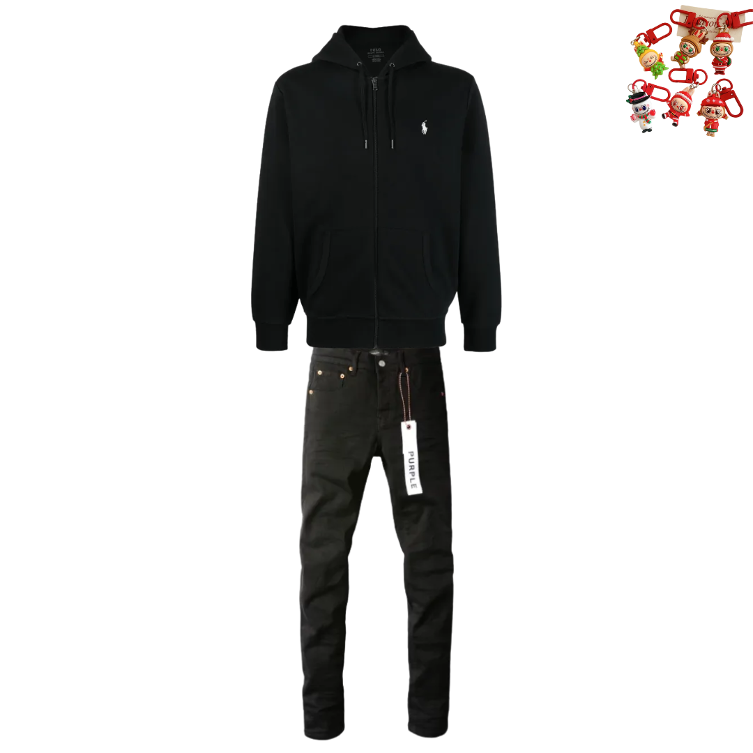 Polo Ralph Lauren Men's Double Knit Full-Zip Hoodie Sweatshirt Black + Ksubi Jeans YZ 3004