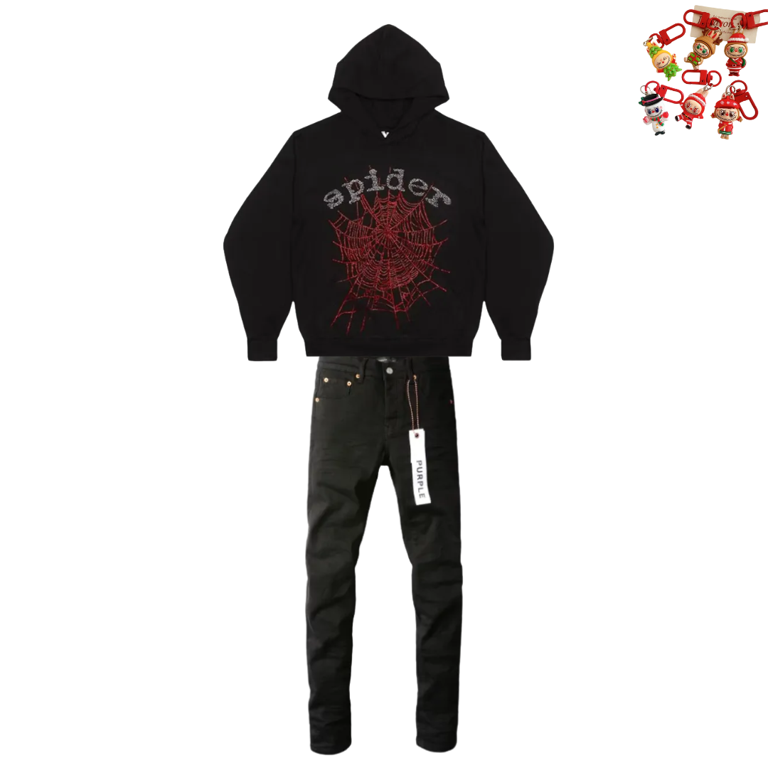 Sp5der OG Rhinestone Hoodie Black 2022 YZ EG938 + Ksubi Jeans YZ 3004