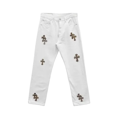 Chrome Hearts Leopard Cross Patch White Jeans White 01