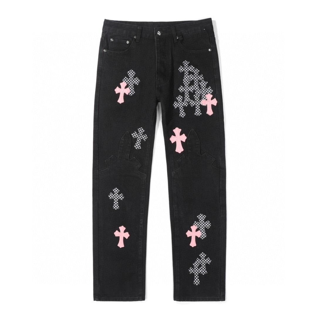 Chrome Hearts black denim jeans with pink and checkered cross patches