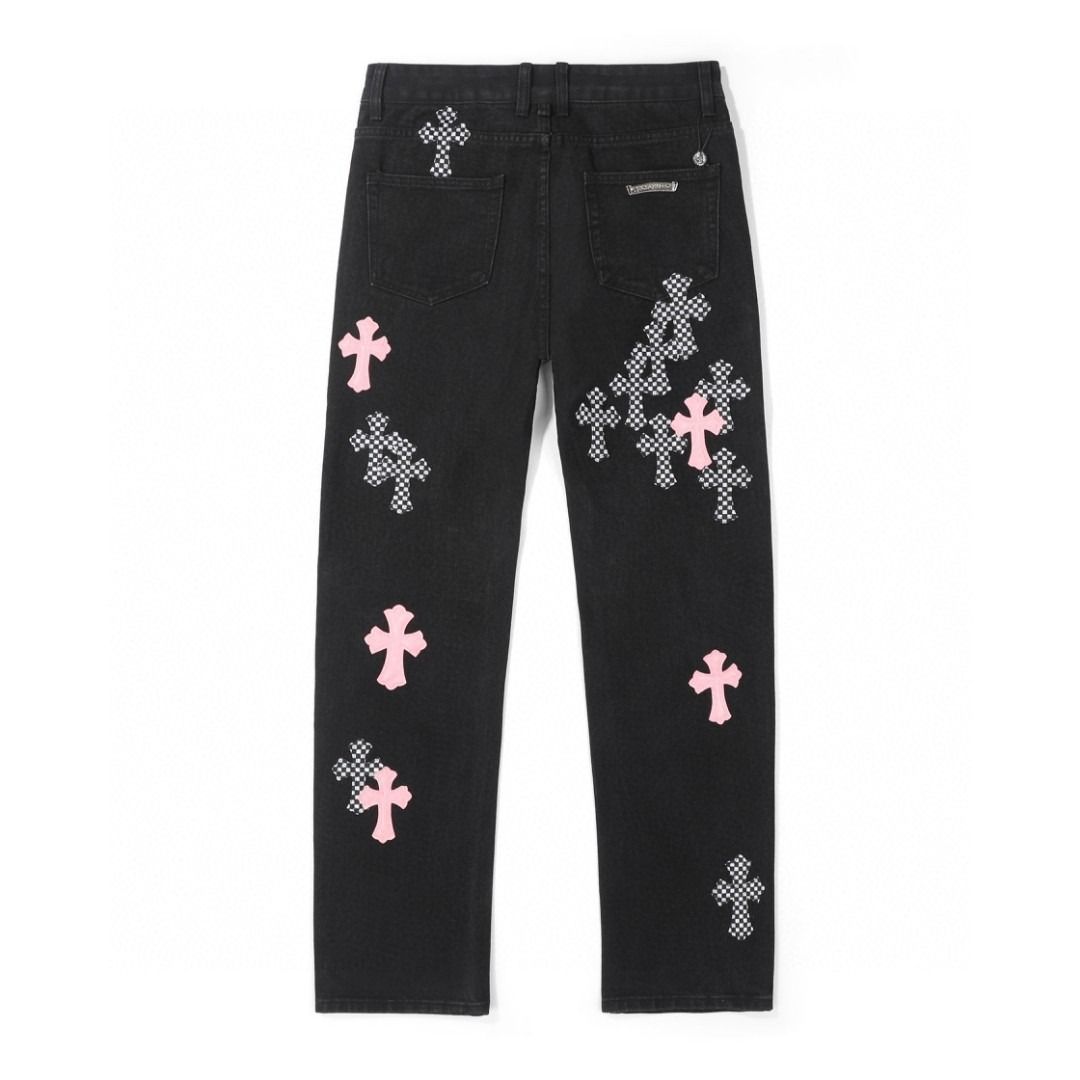 Chrome Hearts black denim jeans with pink and checkered cross patches