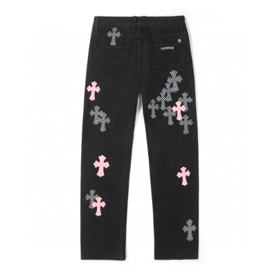 Chrome Hearts black denim jeans with pink and checkered cross patches 02