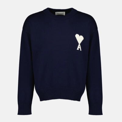 Ami Blue Wool And Cotton Crewneck Ami De Coeur Sweater 01