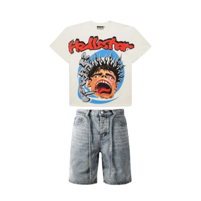 Hellstar Studios Screaming Kid T-shirt White + Purple Brand Denim Shorts K0510 01