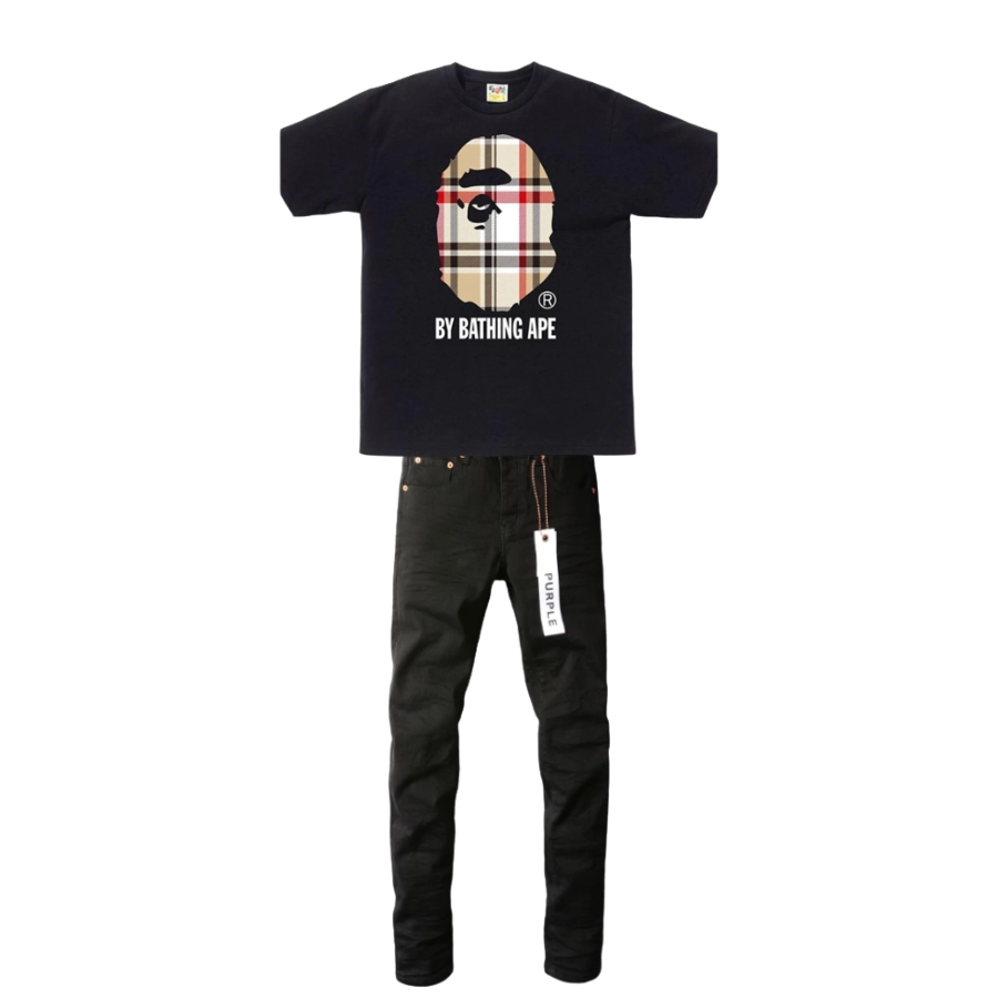 BAPE A Bathing Ape Check by Bathing Tee White/Beige + Purple Brand Fashion Jeans YZ072449