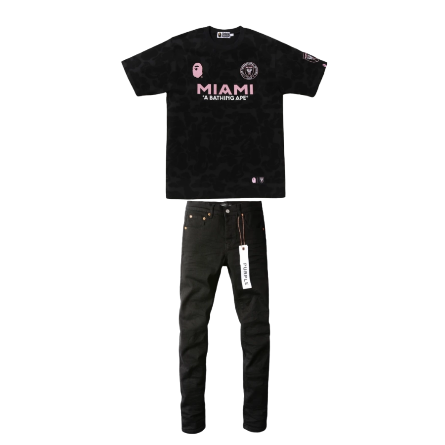 BAPE x Inter Miami CF Camo Tee Black T-shirt + Purple Brand Fashion Jeans YZ072449
