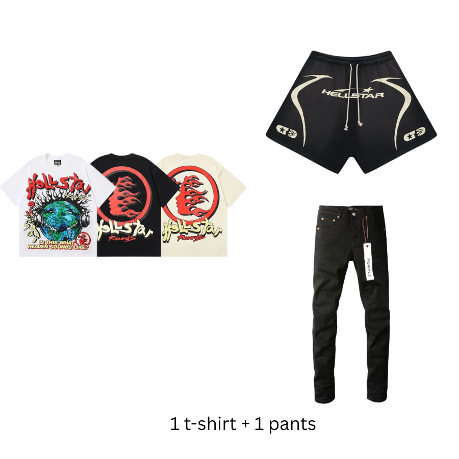 Hellstar T-shirt 508 + Purple Brand Fashion Jeans YZ072449/Hellstar Warm Up Shorts Black