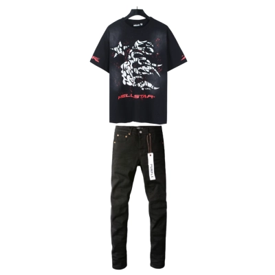Hellstar T-Shirt Washed Black (NFC) EG692 + Purple Brand Fashion Jeans YZ072449 01