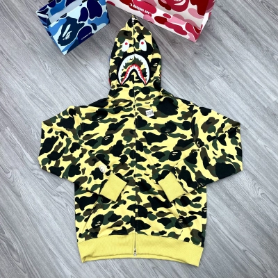A Bathing Ape (BAPE) Color Camo Shark Wide Full Zip Hoodie Yellow-Green 01