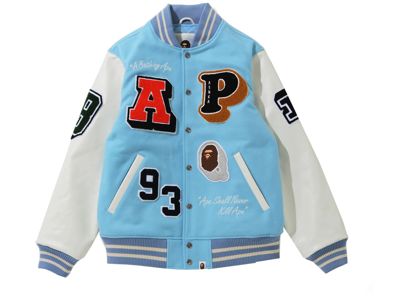 A Bathing Ape Crazy Patch Varsity Jacket Blue