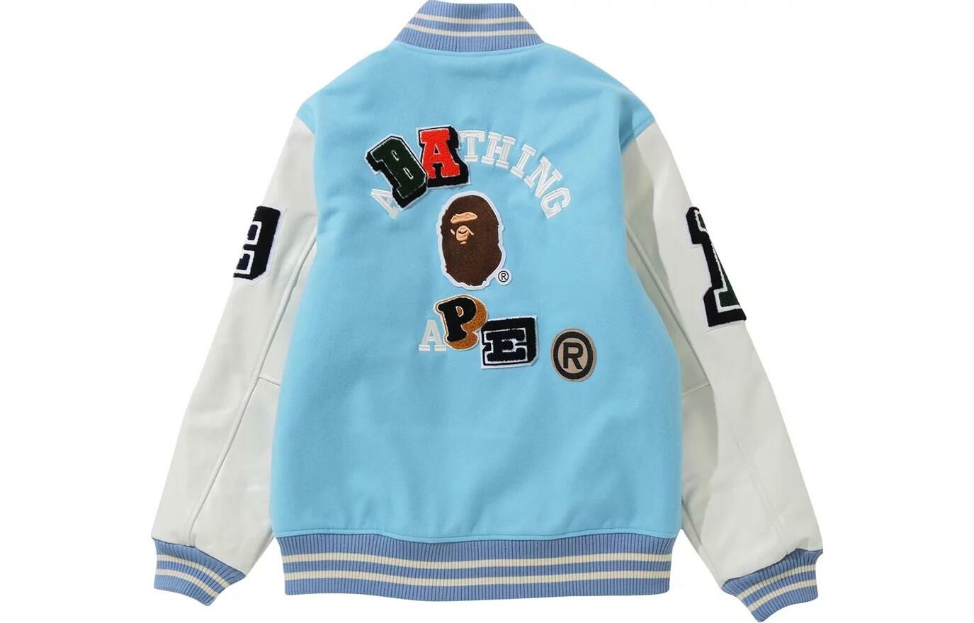 A Bathing Ape Crazy Patch Varsity Jacket Blue