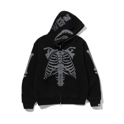 A BATHING APE Men Zip Throughs Skeleton Shark Heavy Washed Cropped Fit Full Zip Hoodie 01