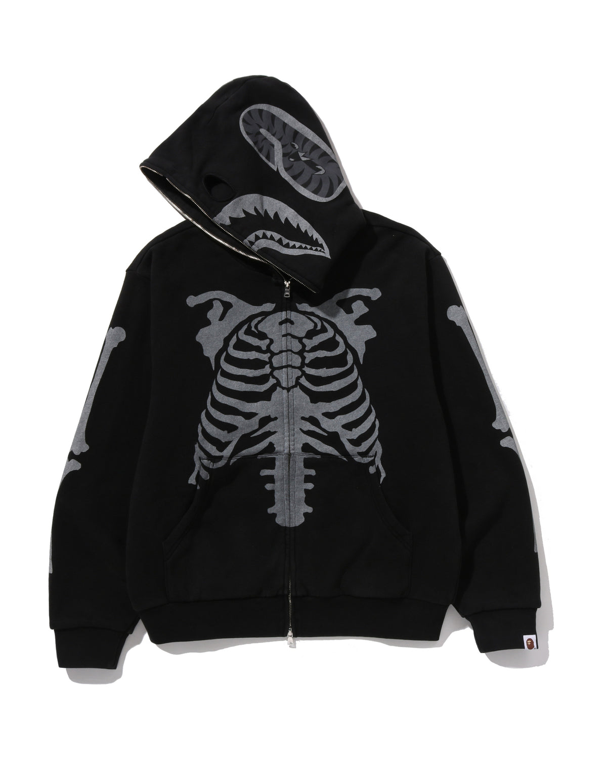 A BATHING APE Men Zip Throughs Skeleton Shark Heavy Washed Cropped Fit Full Zip Hoodie