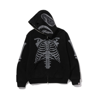A BATHING APE Men Zip Throughs Skeleton Shark Heavy Washed Cropped Fit Full Zip Hoodie 02