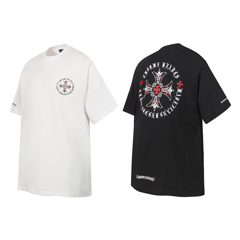 Chrome Hearts Red Ornate Cross Circle Short Sleeve T-Shirt Black/White