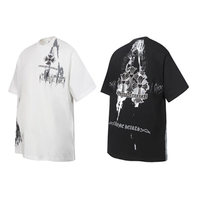 Chrome Hearts Triple Cross Horseshoe Splatter Short Sleeve T-Shirt Black/White-2234 01