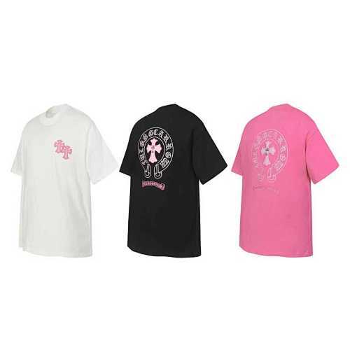 Chrome Hearts Triple Cross Embroidered T-Shirt Black/White/Pink 2207