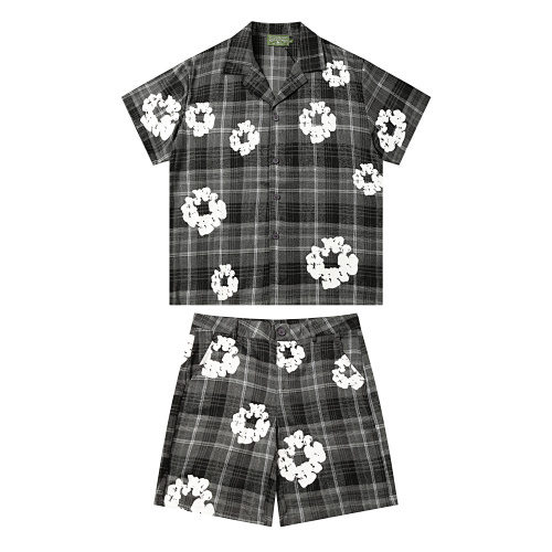 Denim Cotton Wreath Plaid Camp Set-#388