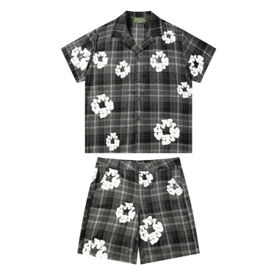 Denim Cotton Wreath Plaid Camp Set-#388 02