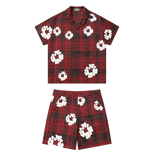 Denim Cotton Wreath Plaid Camp Set-#388