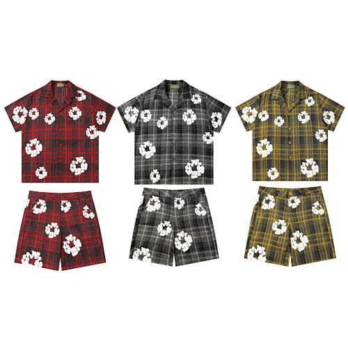 Denim Cotton Wreath Plaid Camp Set-#388