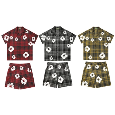 Denim Cotton Wreath Plaid Camp Set-#388 01