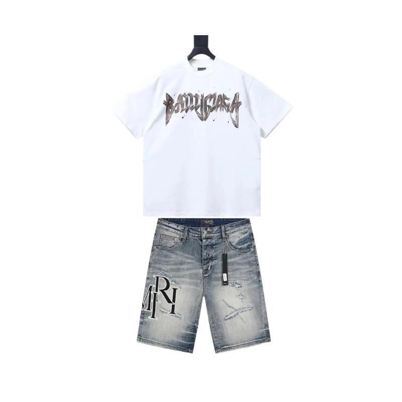 Balenciaga Heavy Matal Cotton T-shirt White+Amiri jean shorts-607#