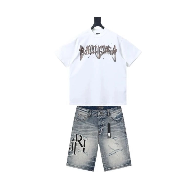 Balenciaga Heavy Matal Cotton T-shirt White+Amiri jean shorts-607# 01
