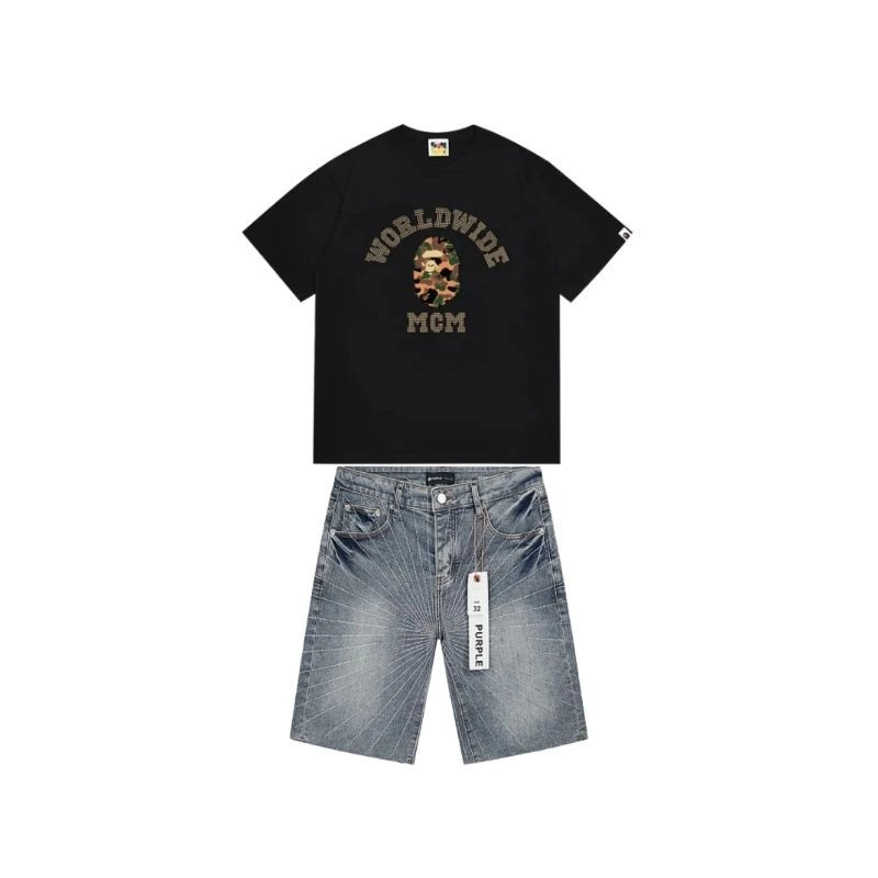 BAPE T-Shirt -#240+Purple Brand Denim Shorts PK509