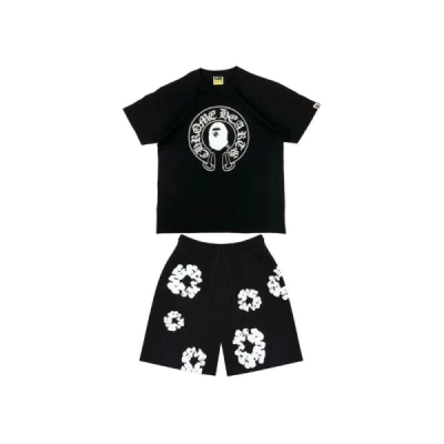 BAPE x Chrome Hearts Baby Milo T-shirt Black + Denim Tears The Cotton Wreath Shorts Black 01