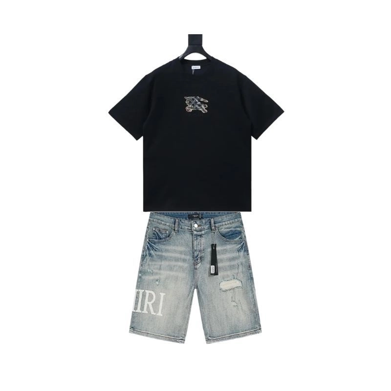 Burberry Equestrian Knight Design Check Cotton T-Shirt Black+Amiri jean shorts-608#