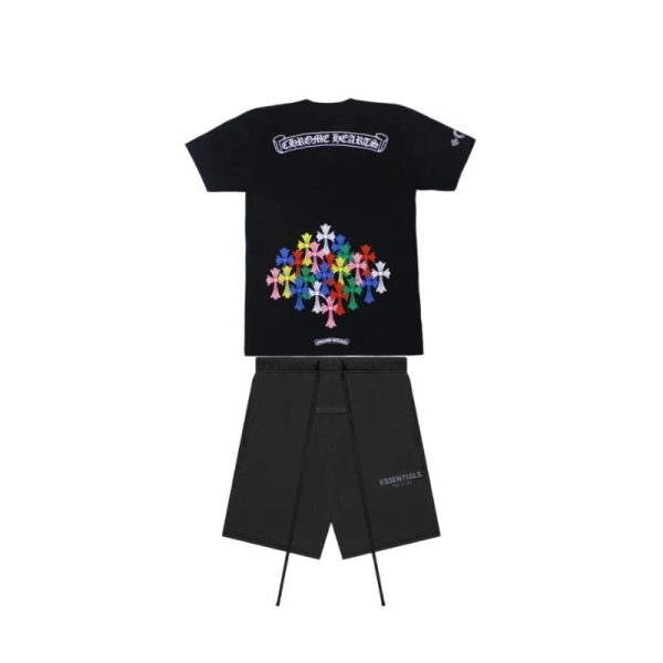 Chrome Hearts Multi Color Cross T-shirt Black+Fear of God Essentials Shorts (SS21) Black/Stretch Limo