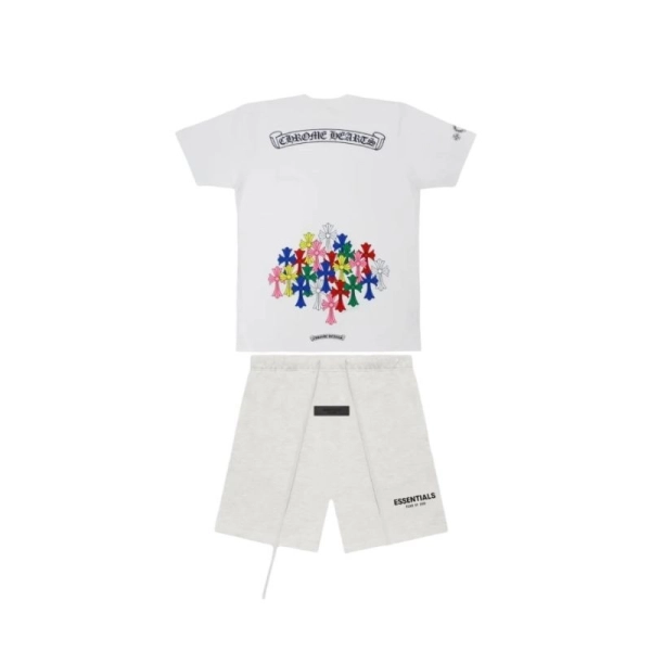 Chrome Hearts Multi Color Cross T-shirt Black+Fear of God Essentials Sweatshort (SS22) Light Oatmeal