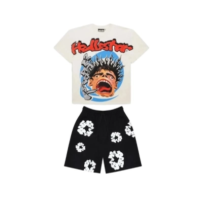 Hellstar Studios Screaming T-shirt White + Denim Tears The Cotton Wreath Shorts Black 01
